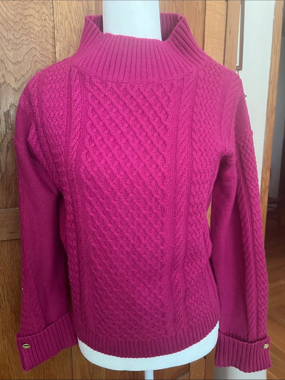NWT Talbots Cable Knit Button Cuff Sweater - Fuchsia